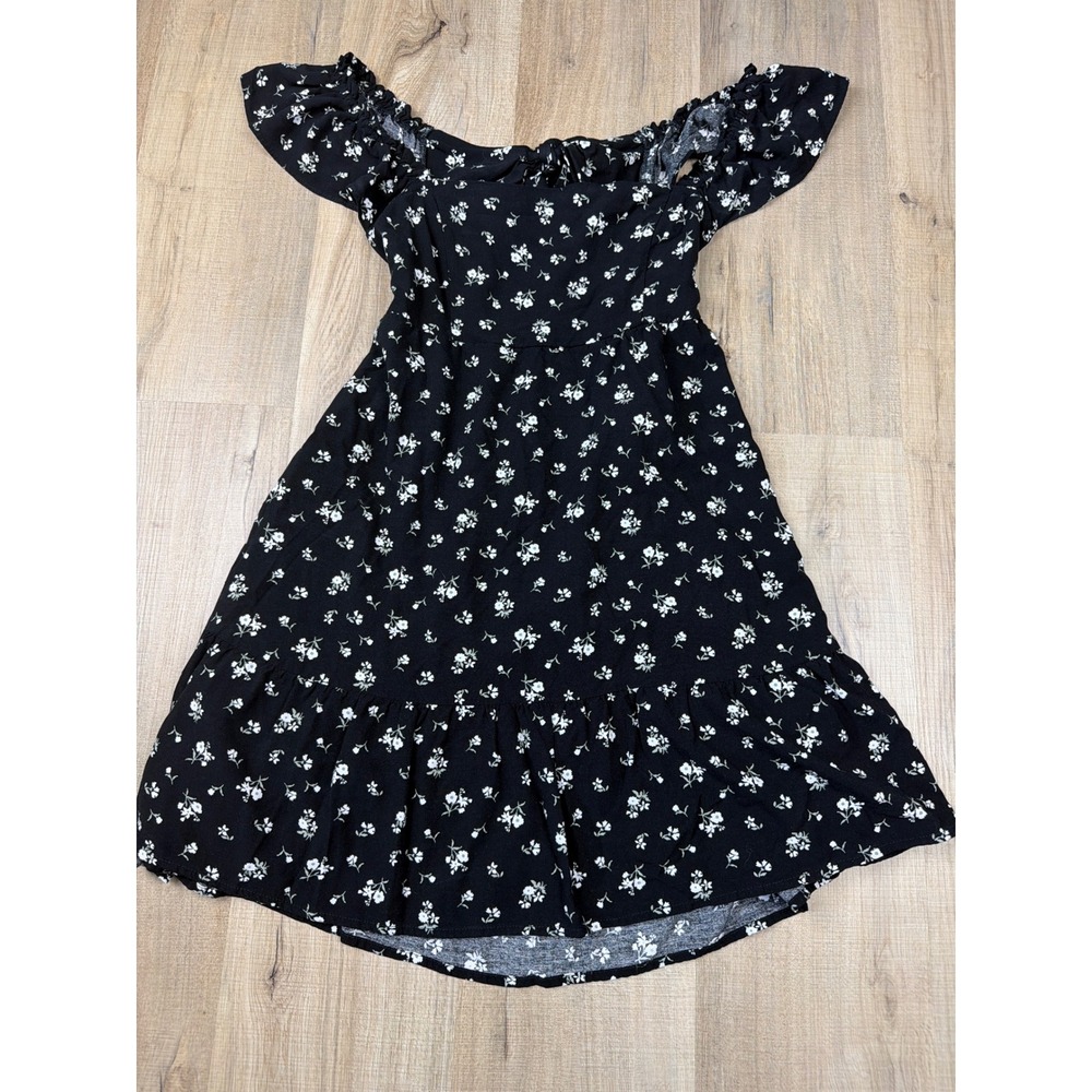 Hollister Black Floral Off The Shoulder Open Back Mini Dress Med Tiered Ruffled